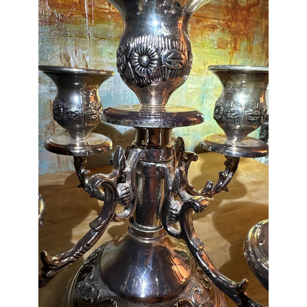 Vintage Silver Plated 5 Light Candelabra Ornate Floral Embossed 7 In Centerpiece - Picture 6 of 6